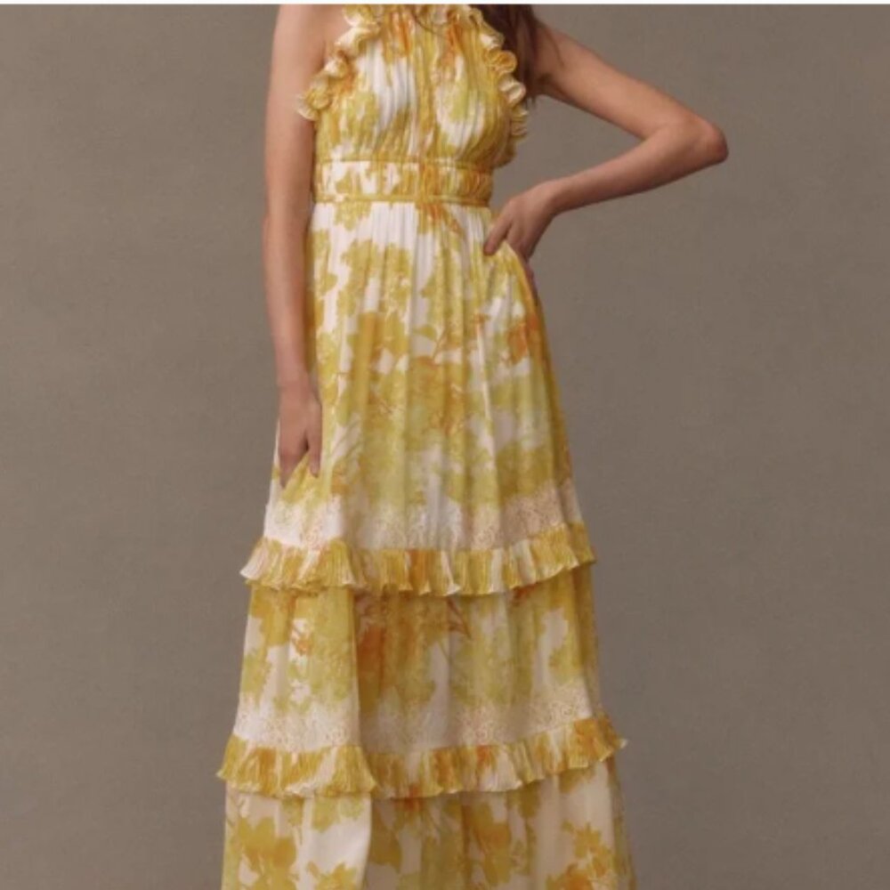 BHLDN Ava Chiffon Yellow Floral High-Neck Ruffled Maxi Dress - NWT!